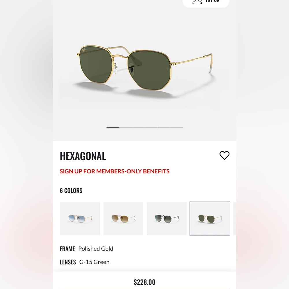 Ray-Ban Hexagonal Sunglasses Polished Gold Frame with G-15 Green Lenses